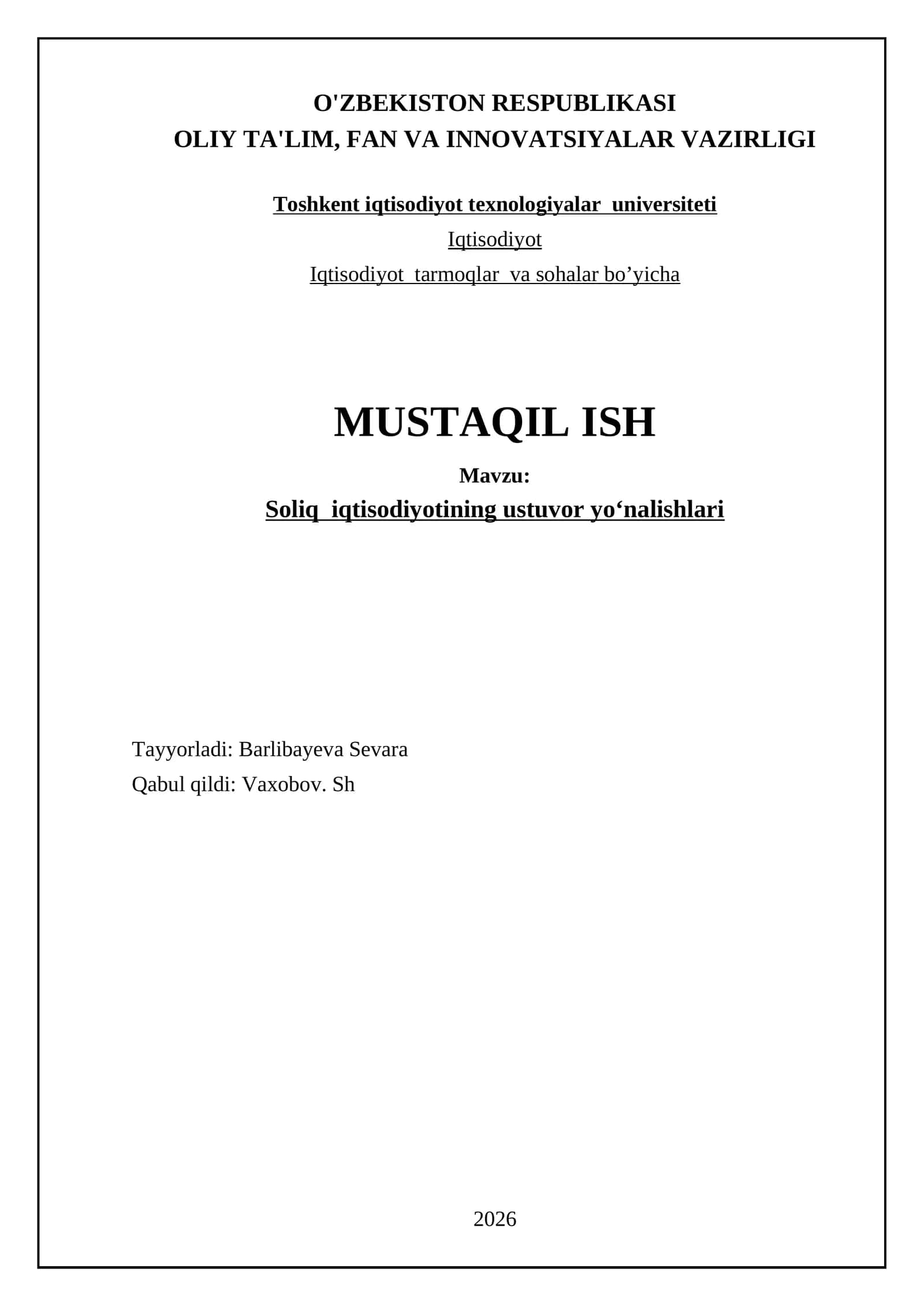 Soliq iqtisodiyotining ustuvor yo‘nalishlari