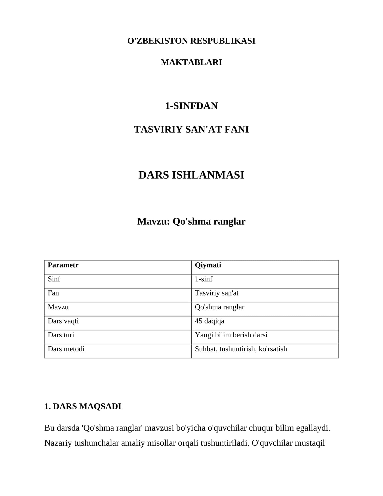 Tasviriy san'at fani dars ishlanmasi