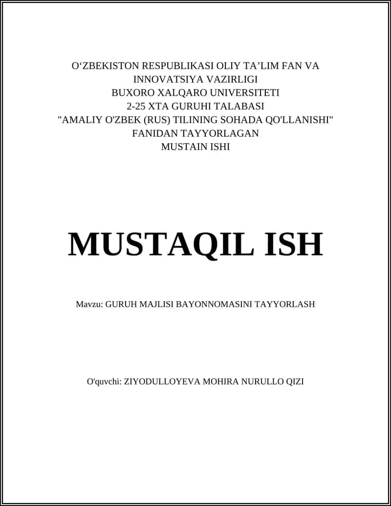 AMALIY O'ZBEK (RUS) TILINING SOHADA QO'LLANISHI