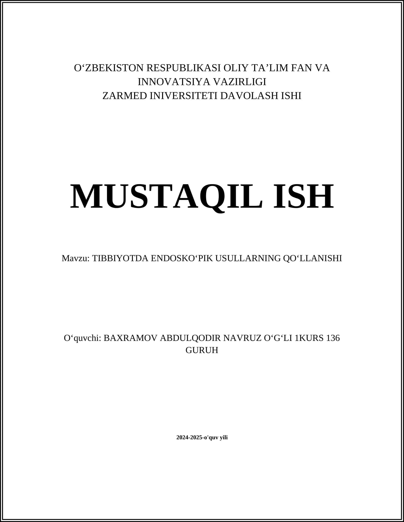 TIBBIYOTDA ENDOSKOʻPIK USULLARNING QOʻLLANISHI