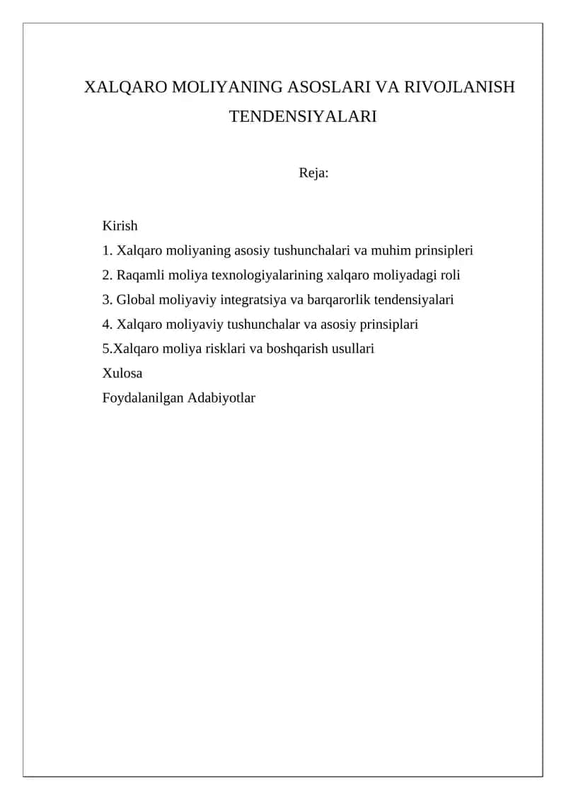 Xalqaro moliyaning asoslari va rivojlanish tendensiyalari