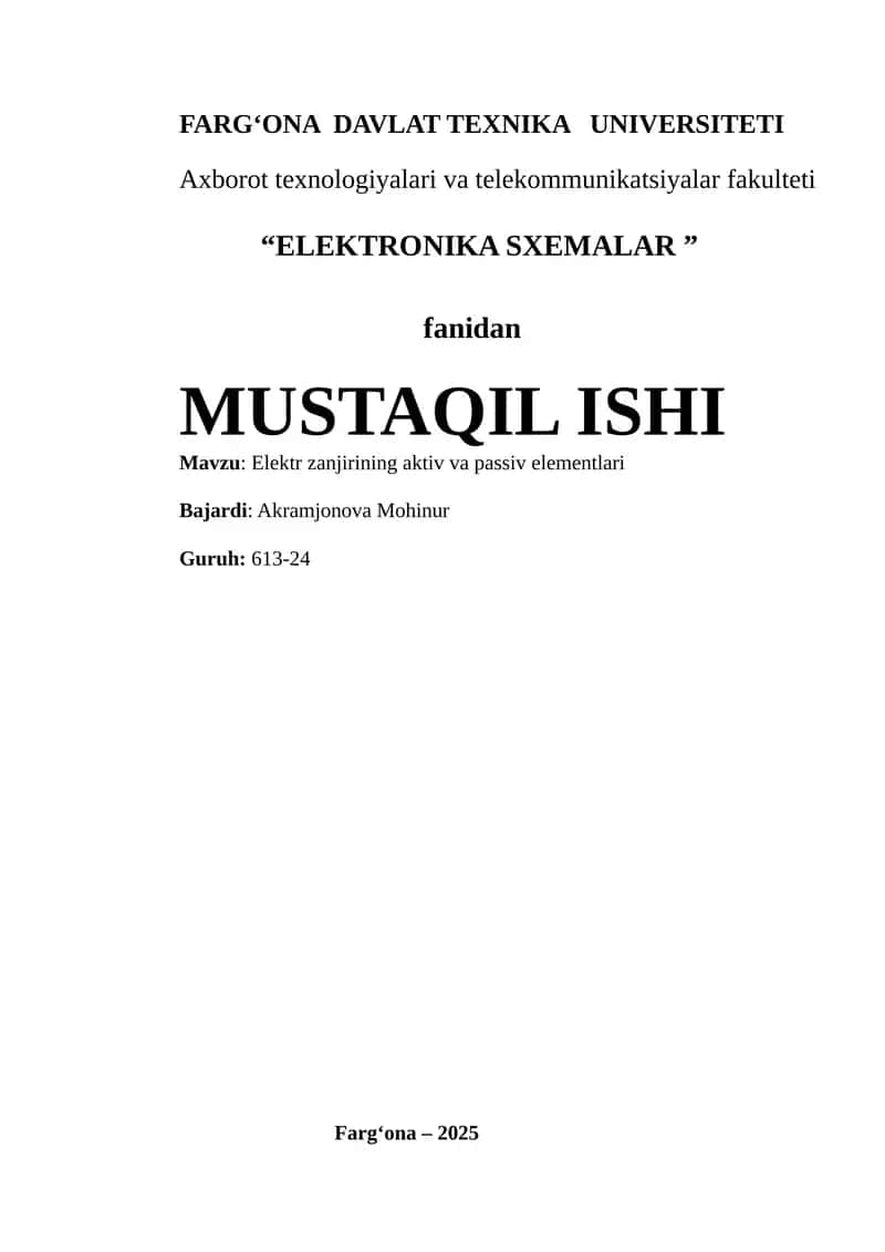 Elektronika SXEMALAR fanidan MUSTAQIL ISHI