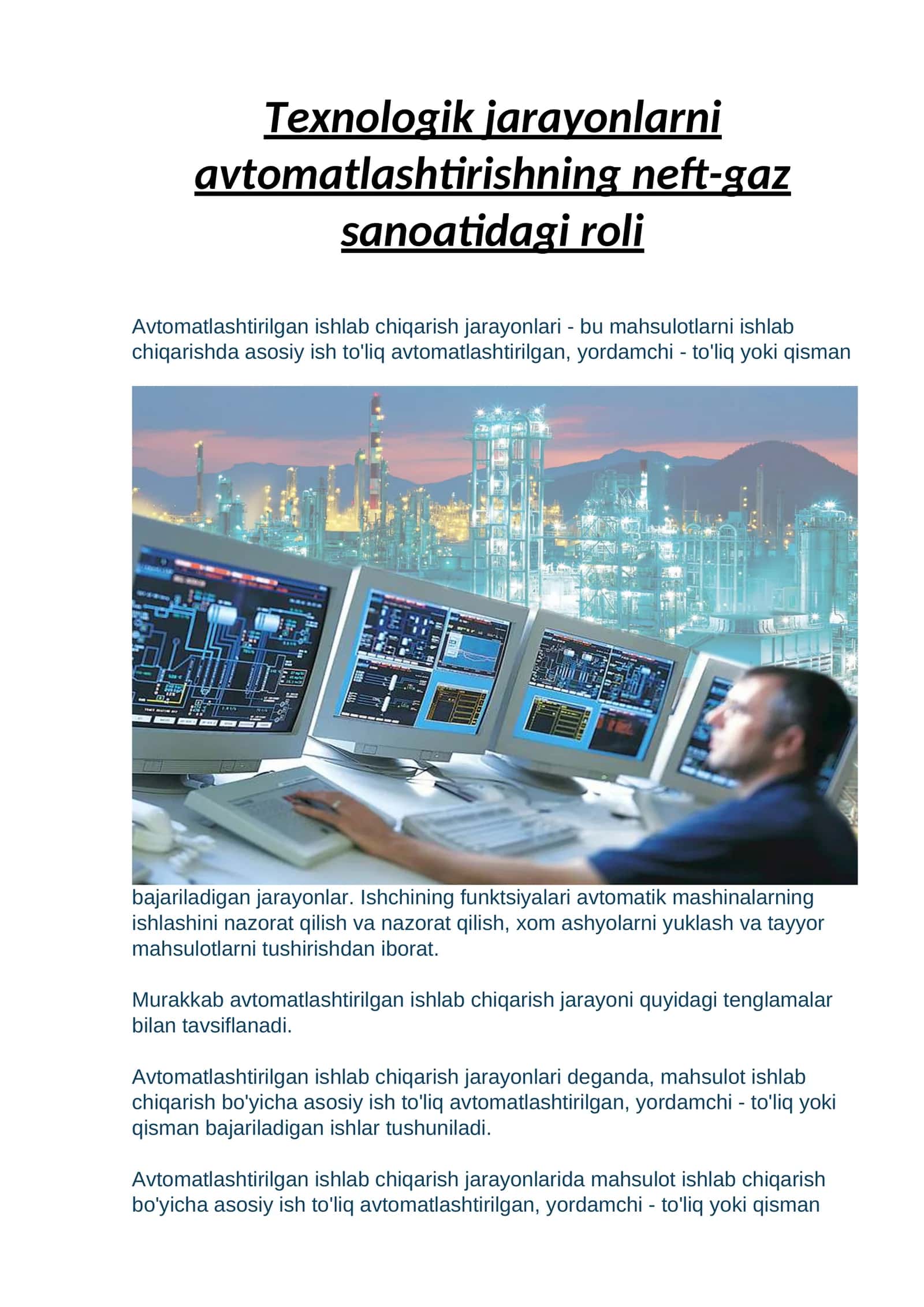 Texnologik jarayonlarni avtomatlashtirishning neft-gaz sanoatidagi roli
