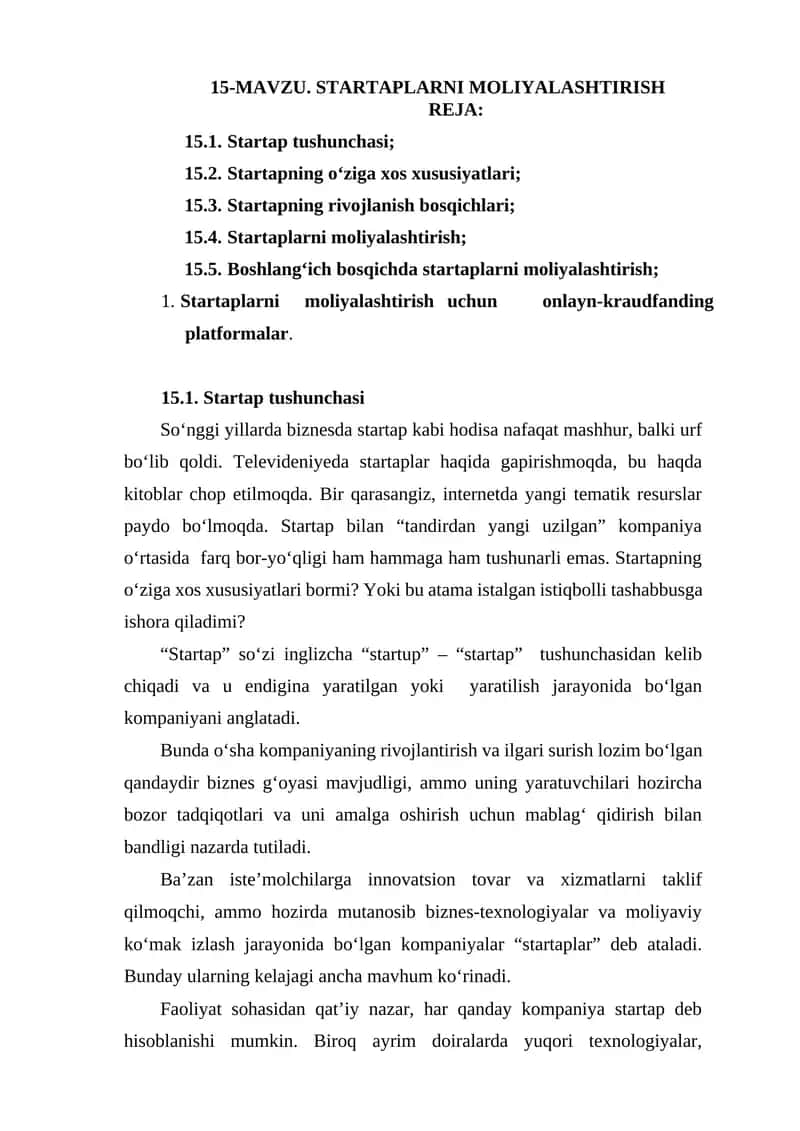 STARTAPLARNI MOLIYALASHTIRISH REJA