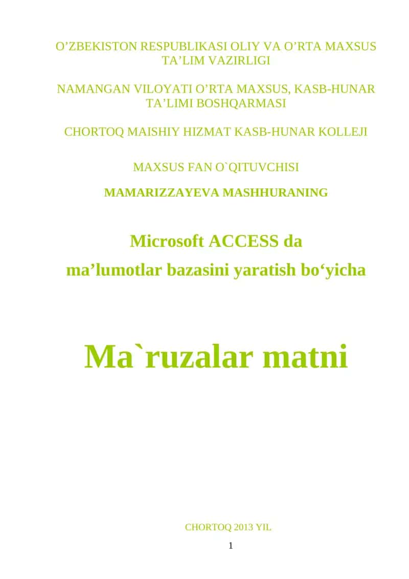 Microsoft ACCESS dа mа’lumotlar bazasini yaratish bo‘yicha