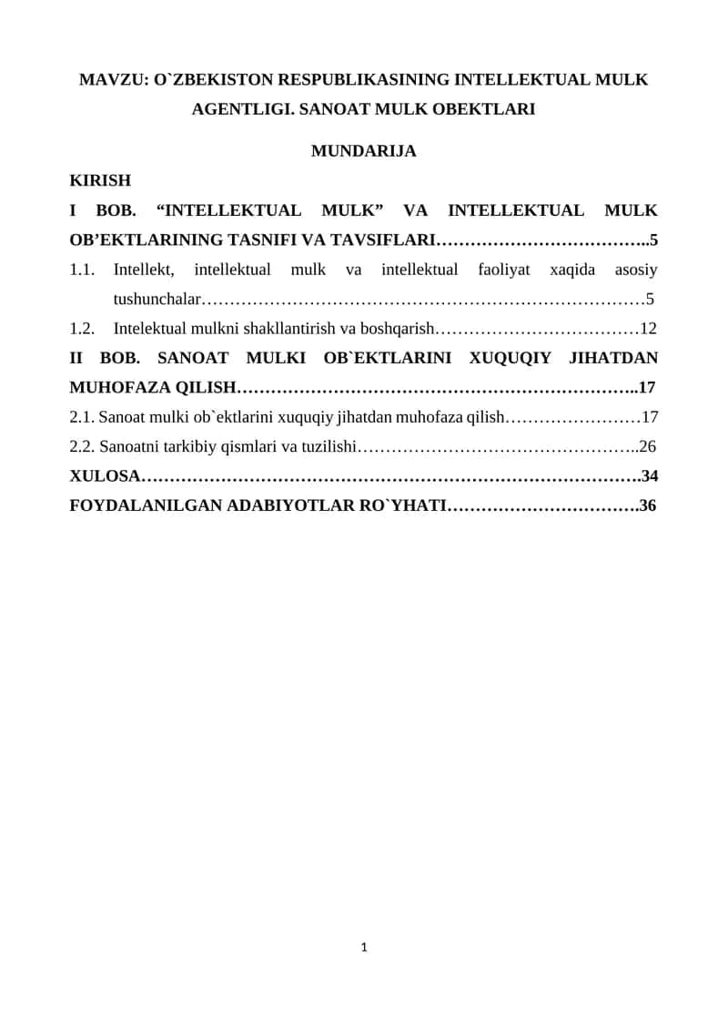 O`ZBEKISTON RESPUBLIKASINING INTELLEKTUAL MULK AGENTLIGI SANOAT MULK OBEKTLARI