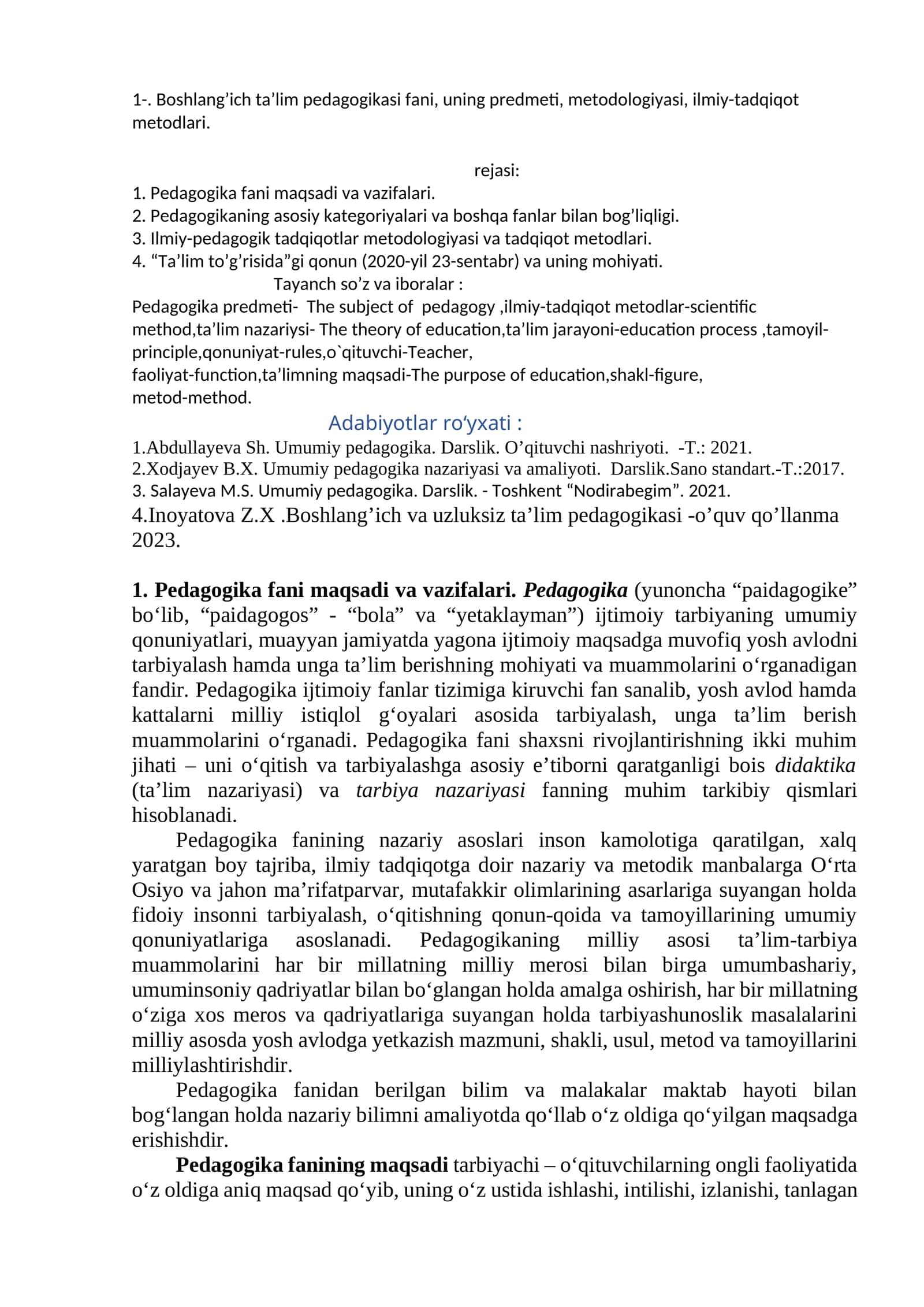 Boshlang’ich ta’lim pedagogikasi fani, uning predmeti, metodologiyasi, ilmiy-tadqiqot metodlari