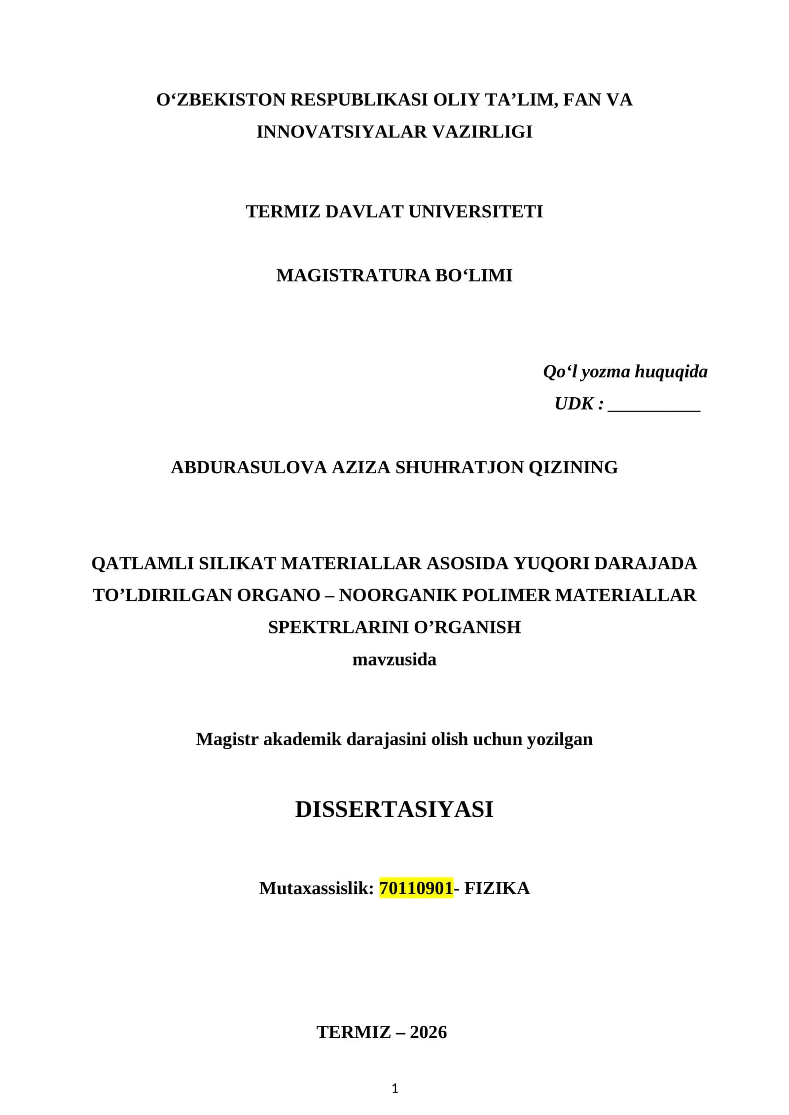 QATLAMLI SILIKAT MATERIALLAR ASOSIDA YUQORI DARAJADA TO’LDIRILGAN ORGANO – NOORGANIK POLIMER MATERIALLAR SPEKTRLARINI O’RGANISH