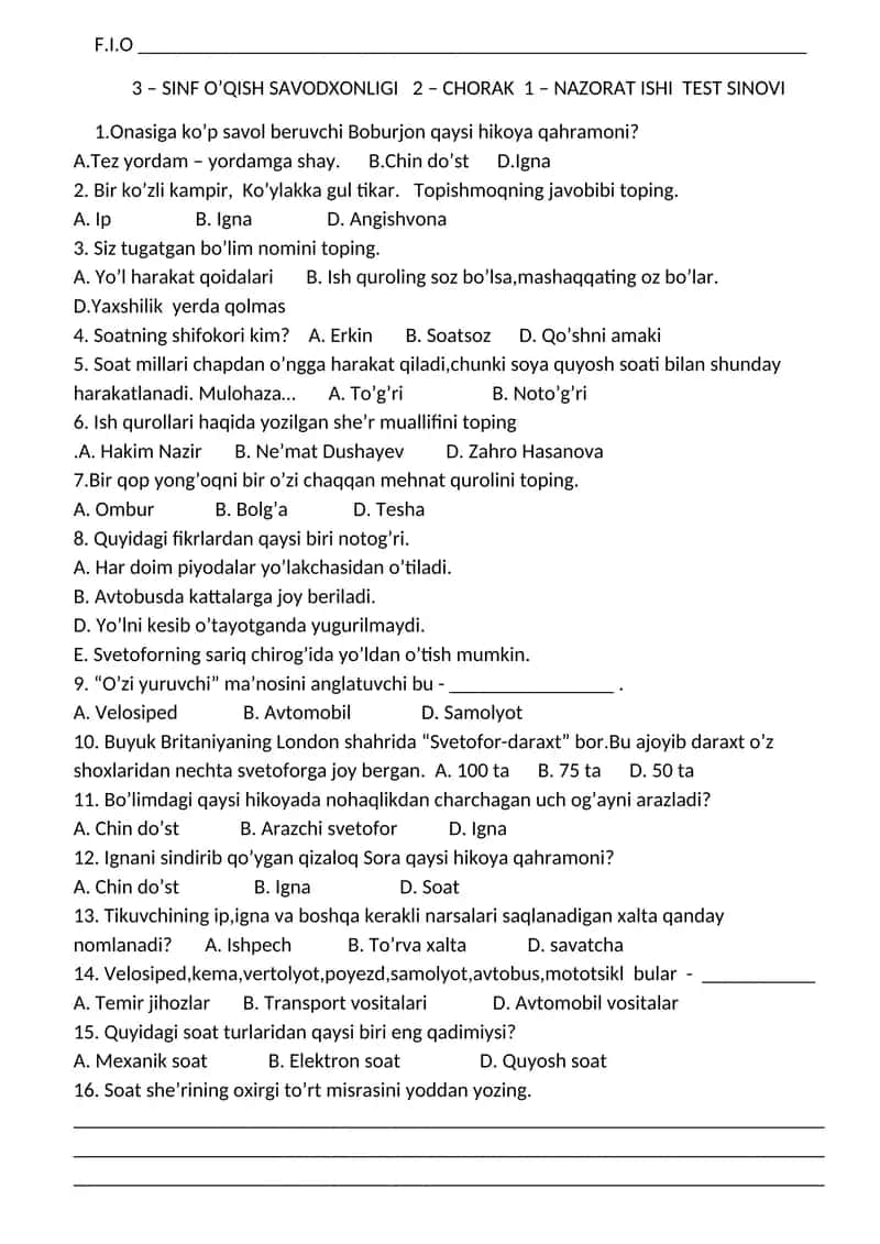 3 – SINF O’QISH SAVODXONLIGI 2 – CHORAK 1 – NAZORAT ISHI TEST SINOVI