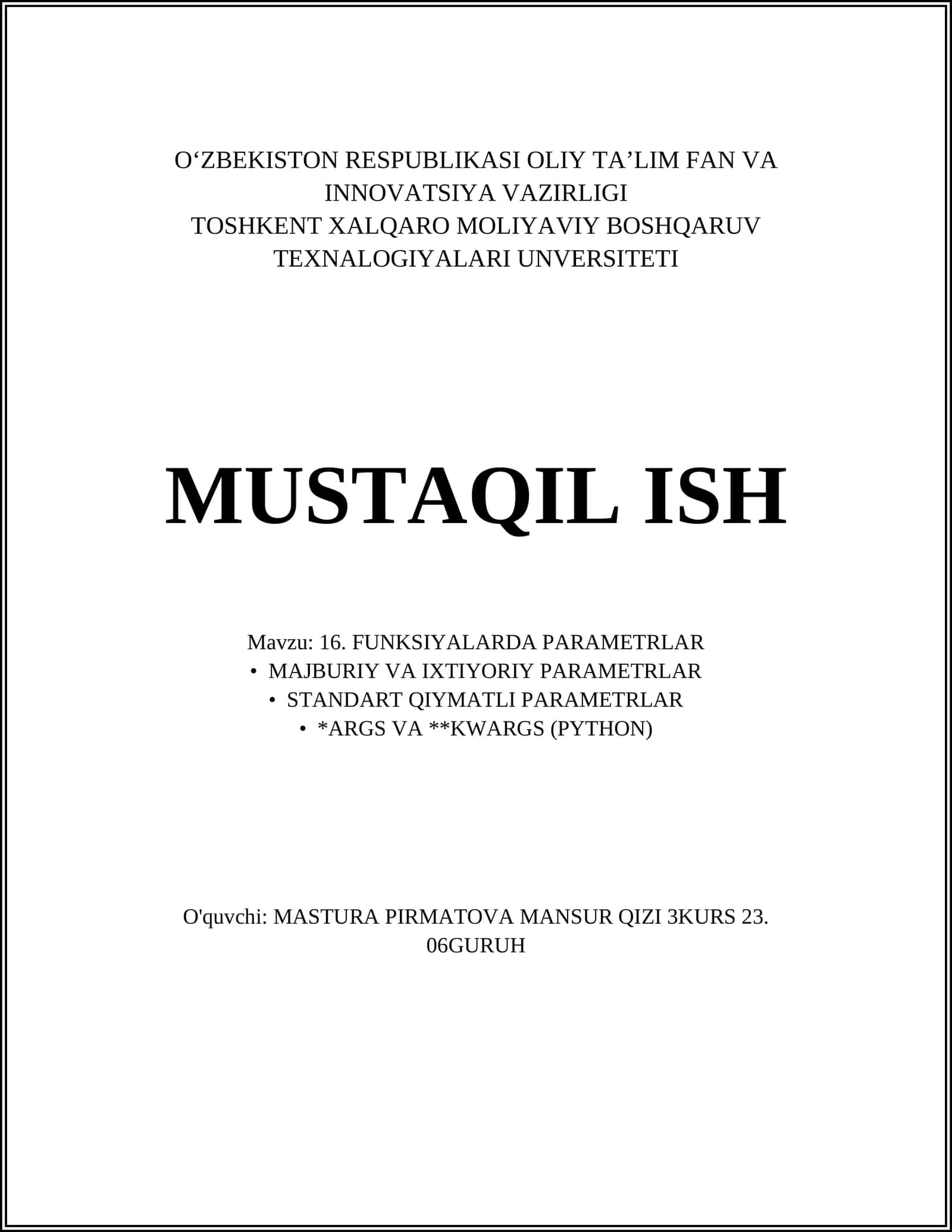 16. FUNKSIYALARDA PARAMETRLAR