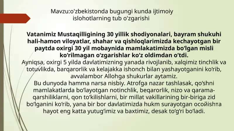 o'zbekistonda bugungi kunda ijtimoiy islohotlarning tub o'zgarishi