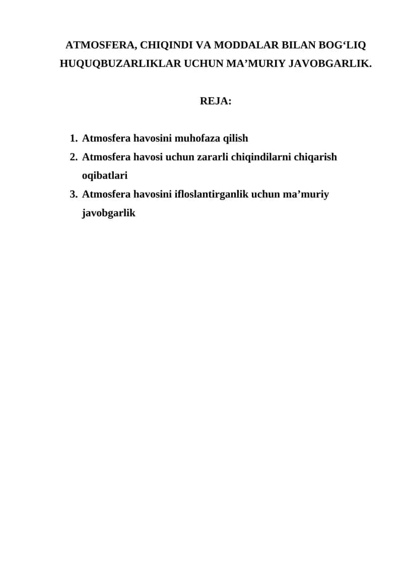 Atmosfera, chiqindi va moddalar bilan bog‘liq huquqbuzarliklar uchun ma’muriy javobgarlik