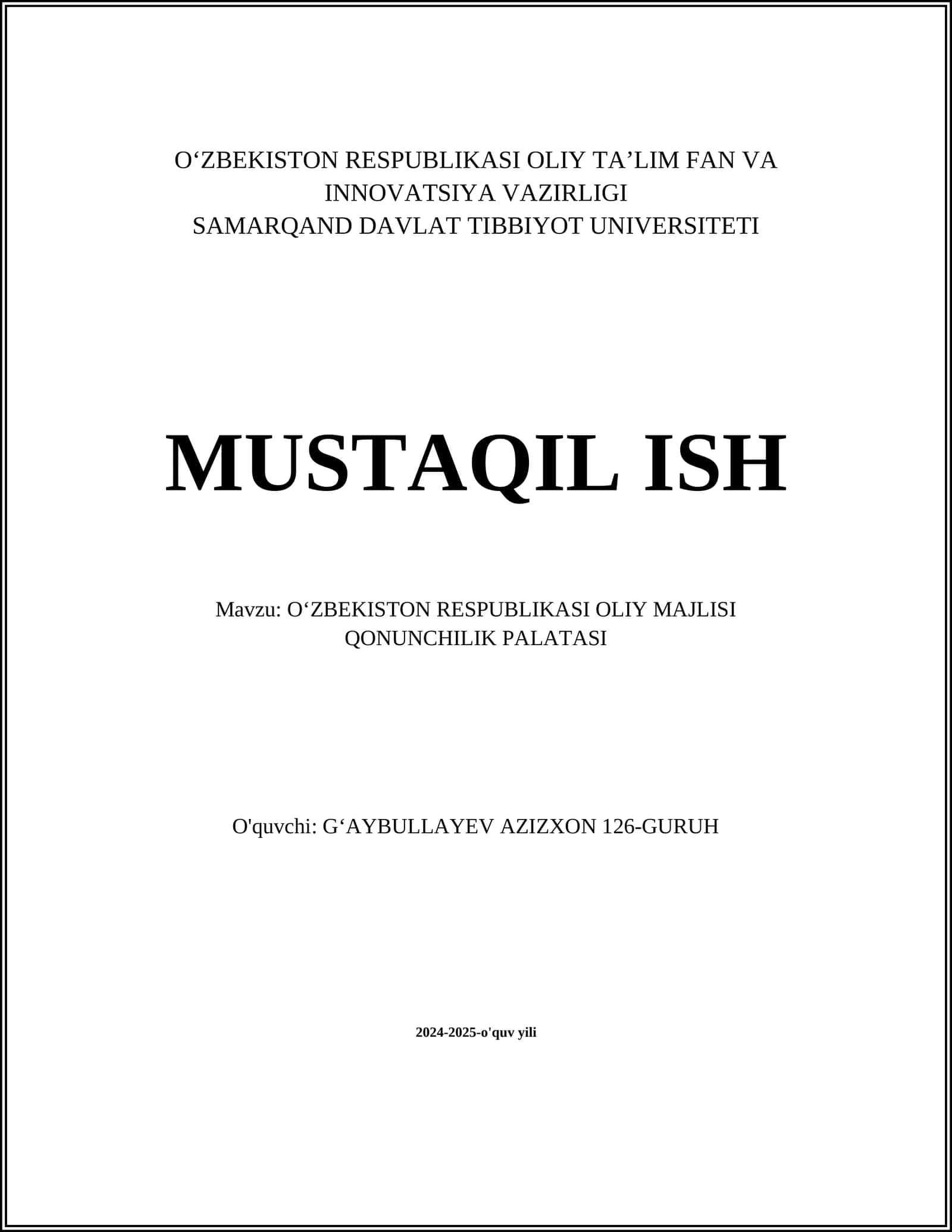 Oʻzbekiston RESPUBLIKASI OLIY MAJLISI QONUNCHILIK PALATASI