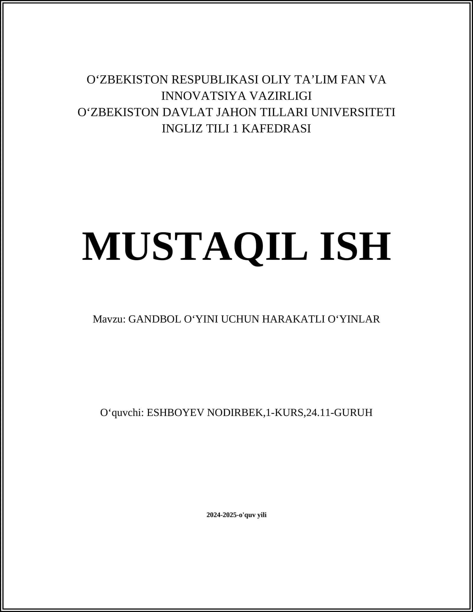 GANDBOL OʻYINI UCHUN HARAKATLI OʻYINLAR