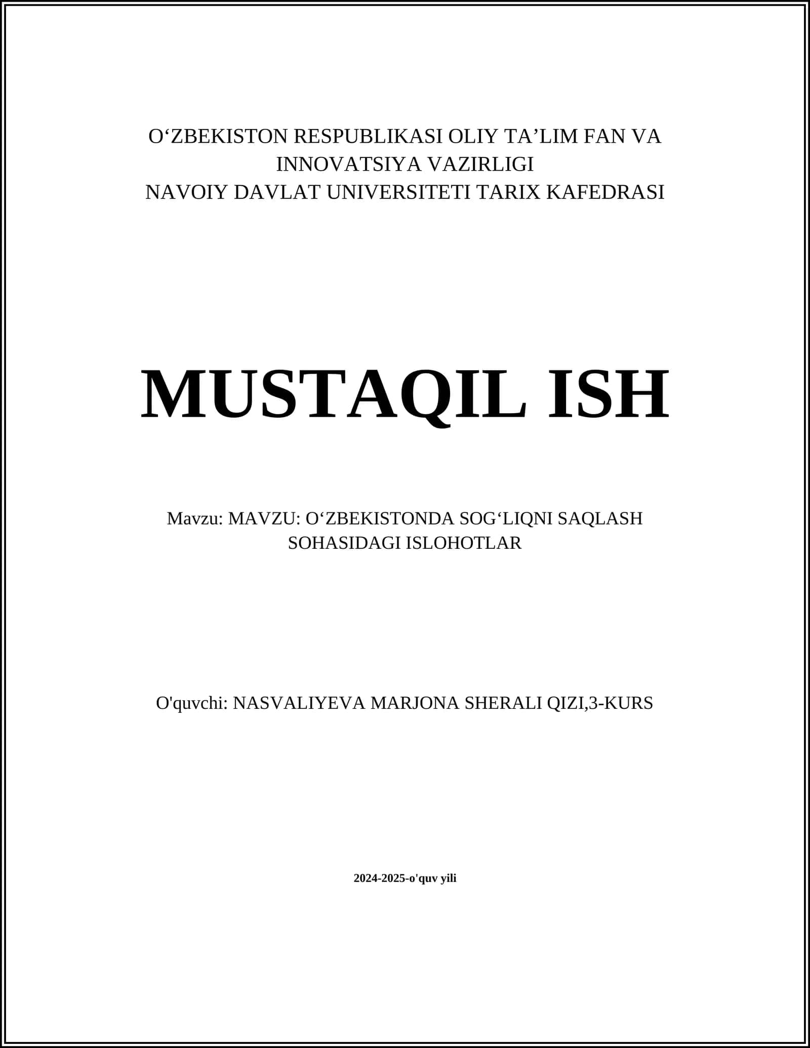O‘ZBEKISTONDA SOG‘LIQNI SAQLASH SOHASIDAGI ISLOHOTLAR