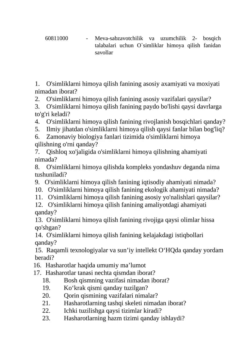 O'simliklarni himoya qilish fanidan savollar