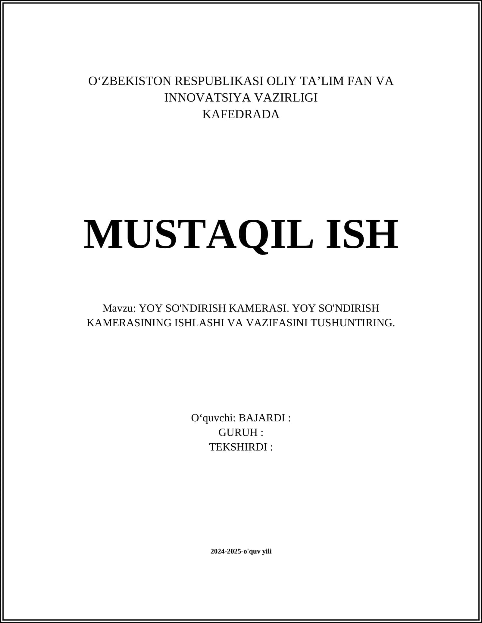 YOY SO'NDIRISH KAMERASI. YOY SO'NDIRISH KAMERASINING ISHLASHI VA VAZIFASINI TUSHUNTIRING