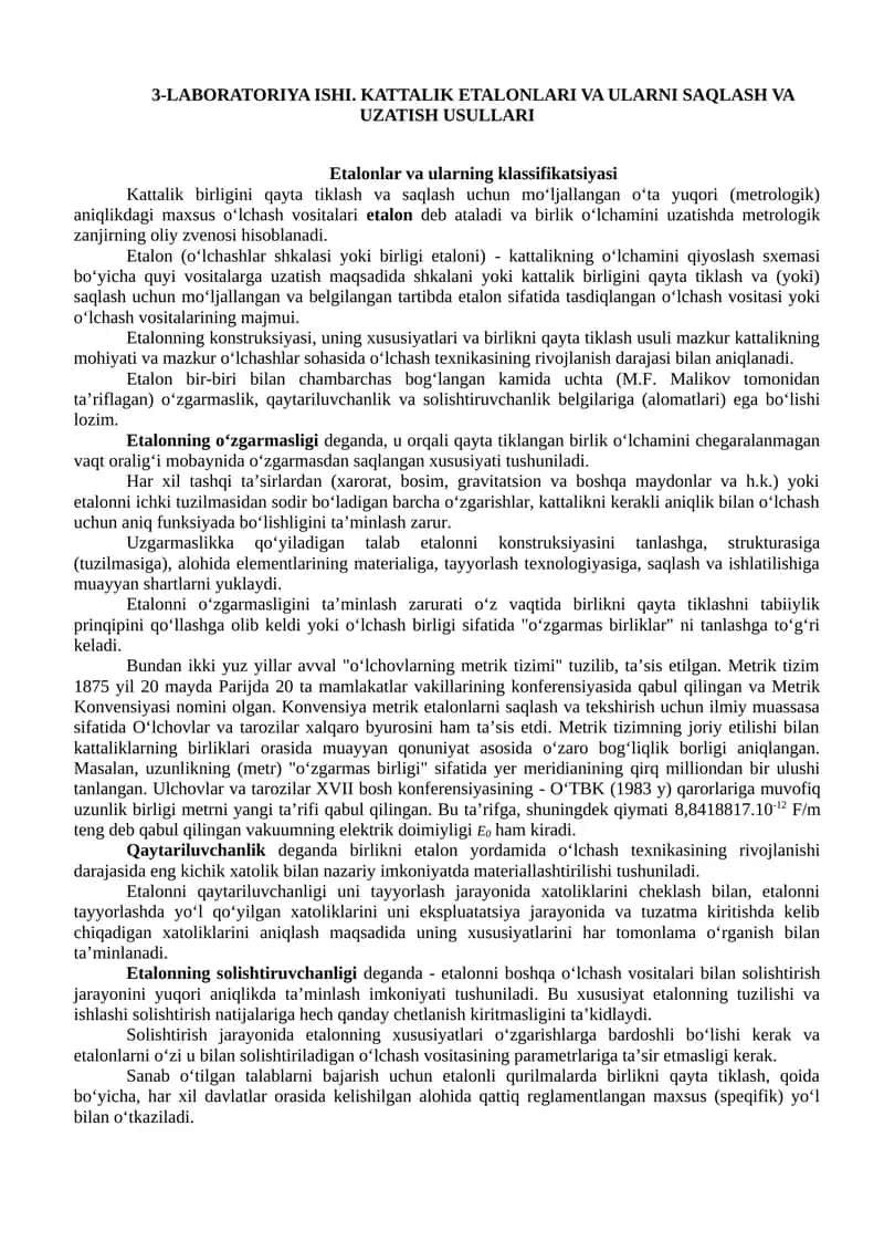 Kattalik Etalonlari va Ularni Saqlash va Uzatish Usullari