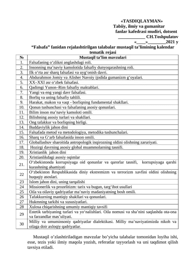 Mustaqil ta’limining kalendar tematik rejasi