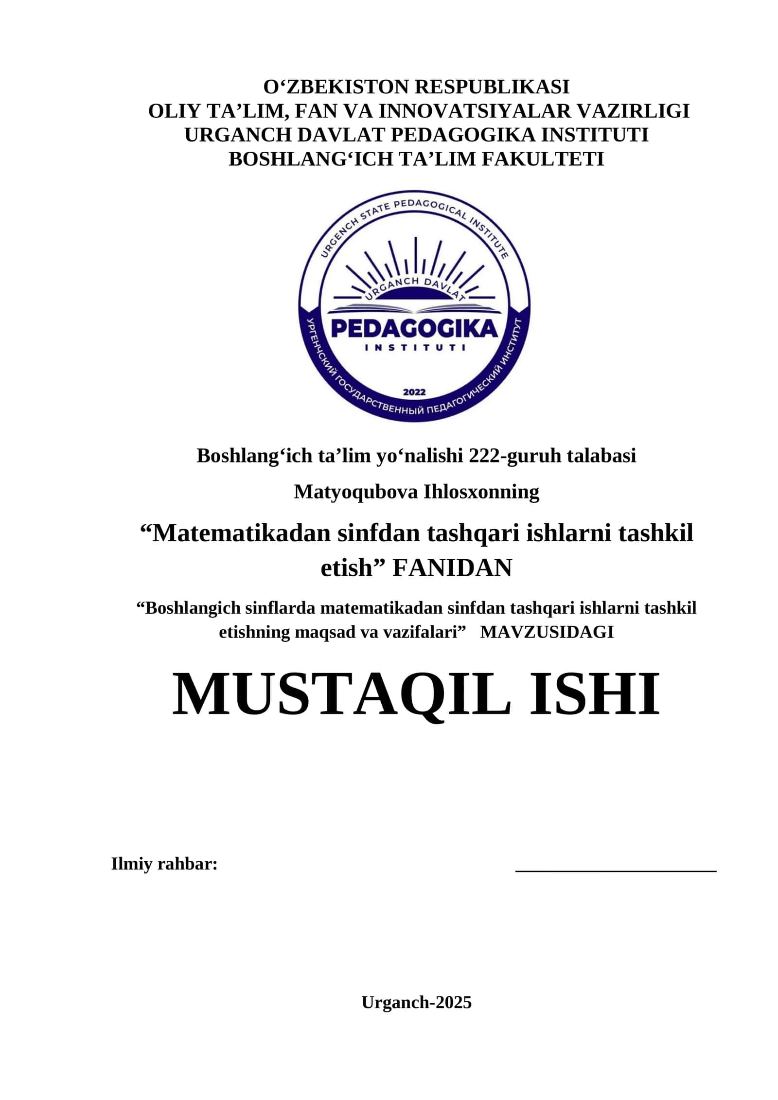 Boshlang‘ich sinflarda matematikadan sinfdan tashqari ishlarni tashkil etish