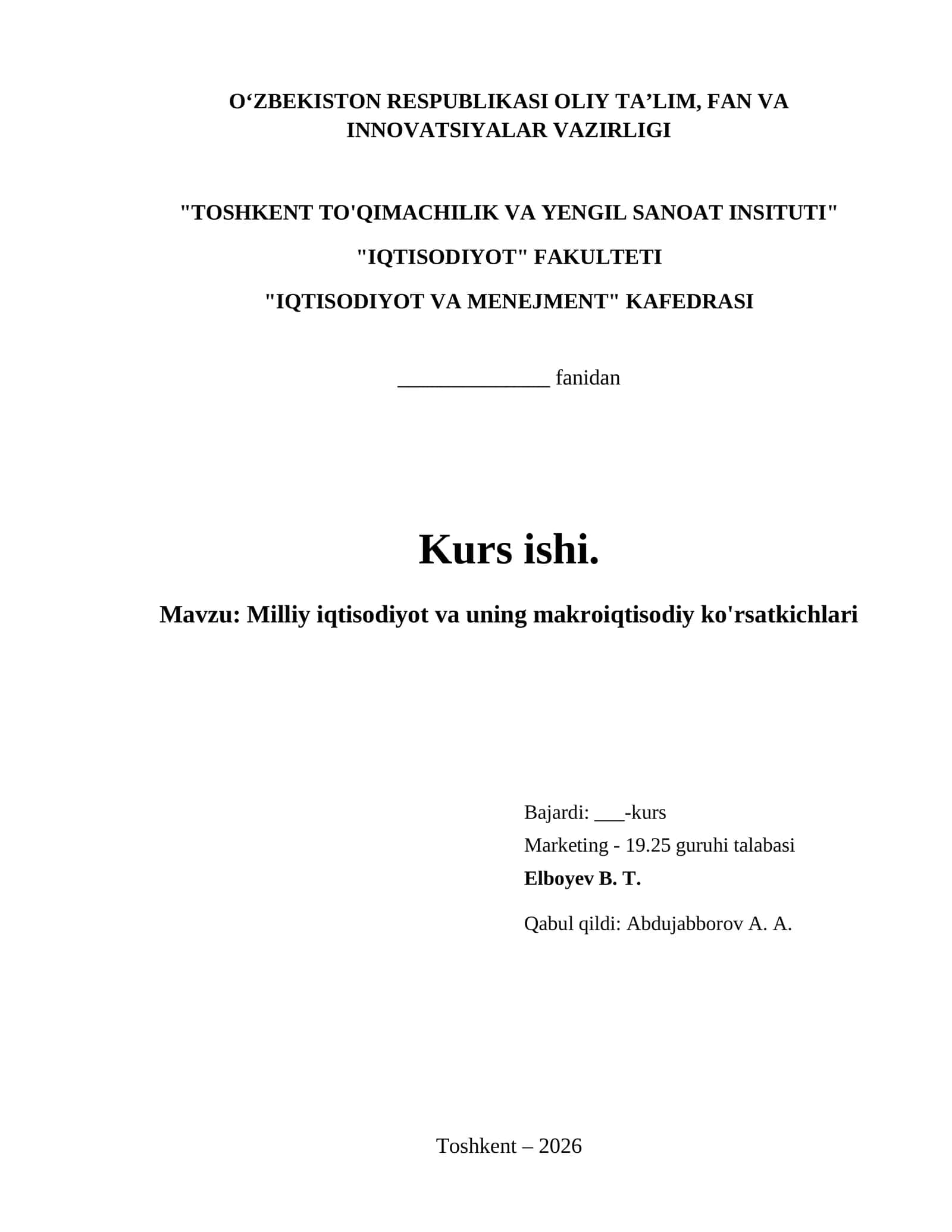 Milliy iqtisodiyot va uning makroiqtisodiy ko'rsatkichlari