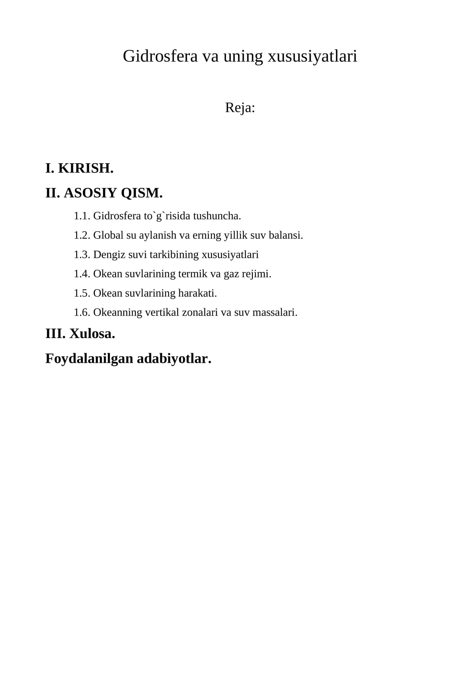 Gidrosfera va uning xususiyatlari