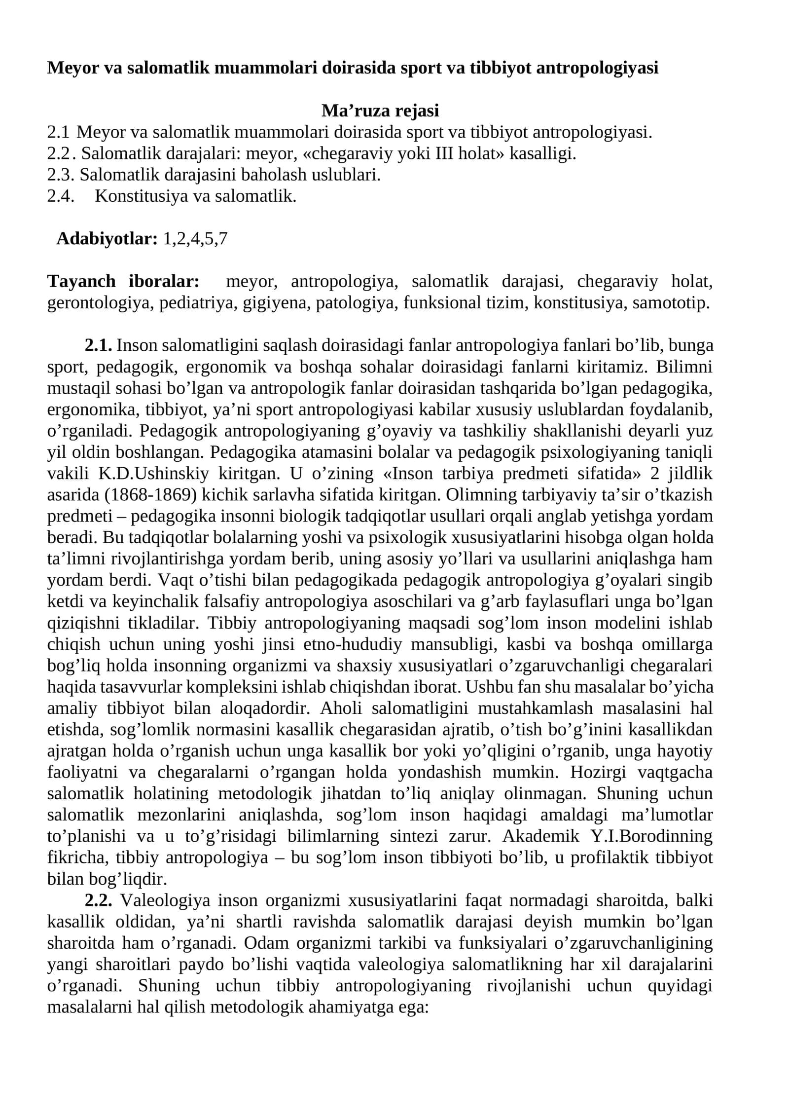 Meyor vа sаlomаtlik muаmmolаri doirаsidа sport vа tibbiyot аntropologiyasi