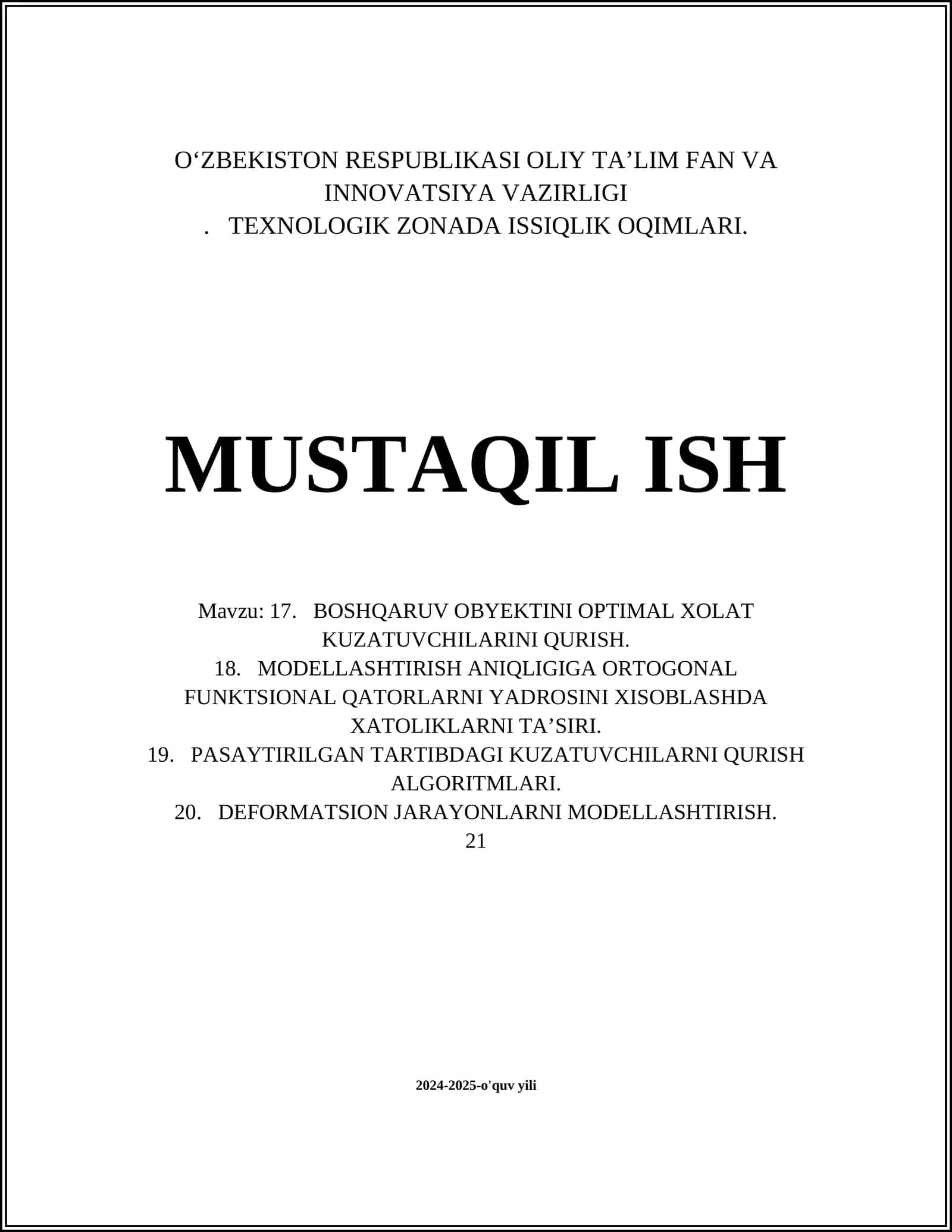 BOSHQARUV OBYEKTINI OPTIMAL XOLAT KUZATUVCHILARINI QURISH