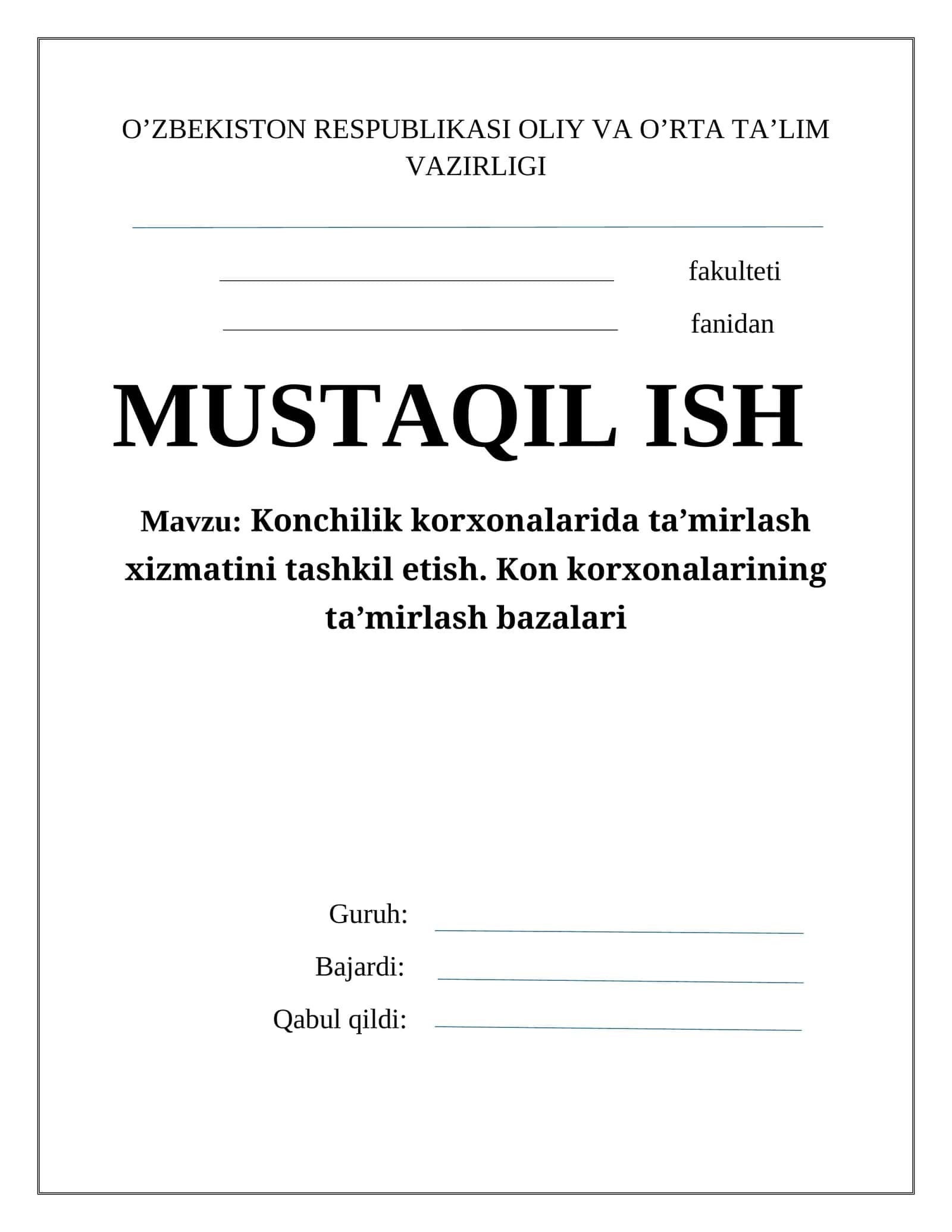 Konchilik korхonalarida ta’mirlash хizmatini tashkil etish