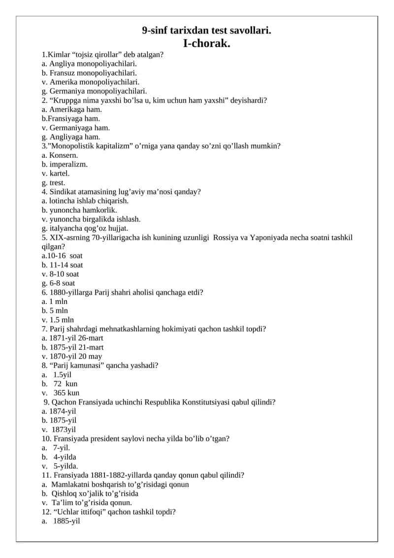 9-sinf tarixdan test savollari