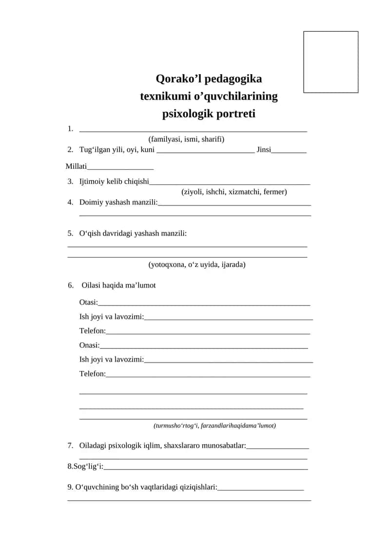 Qorako’l pedagogika texnikumi o’quvchilarining psixologik portreti