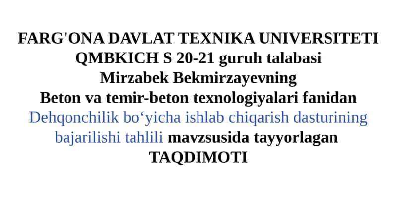 Dehqonchilik Ishlab Chiqarishi Bo‘yicha Hisobot