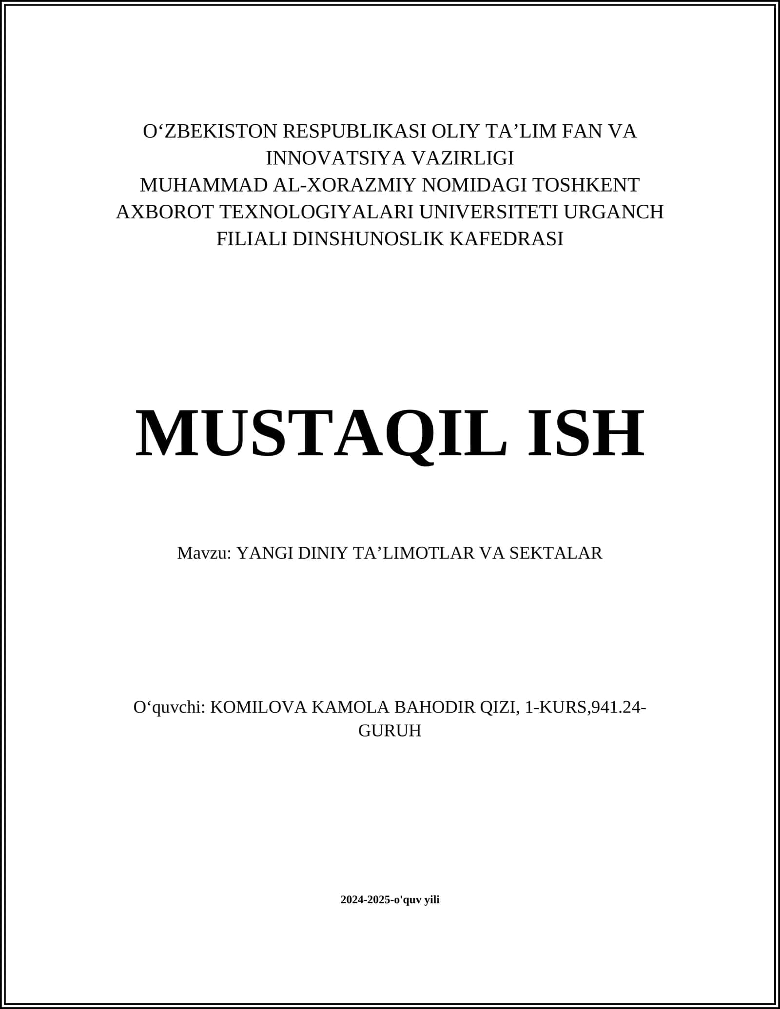 YANGI DINIY TAʼLIMOTLAR VA SEKTALAR