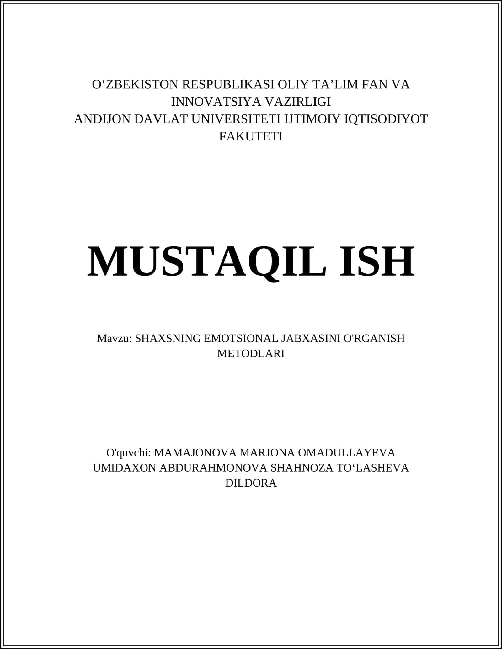 SHAXSNING EMOTSIONAL JABXASINI O'RGANISH METODLARI