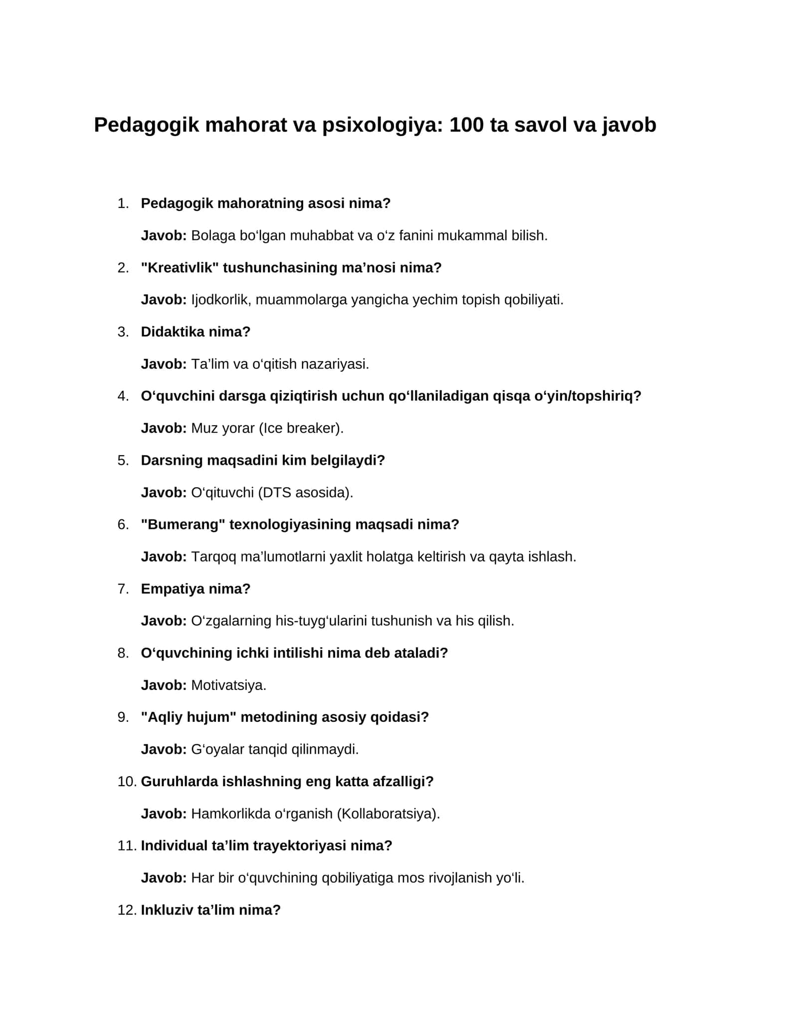 Pedagogik mahorat va psixologiya: 100 ta savol va javob