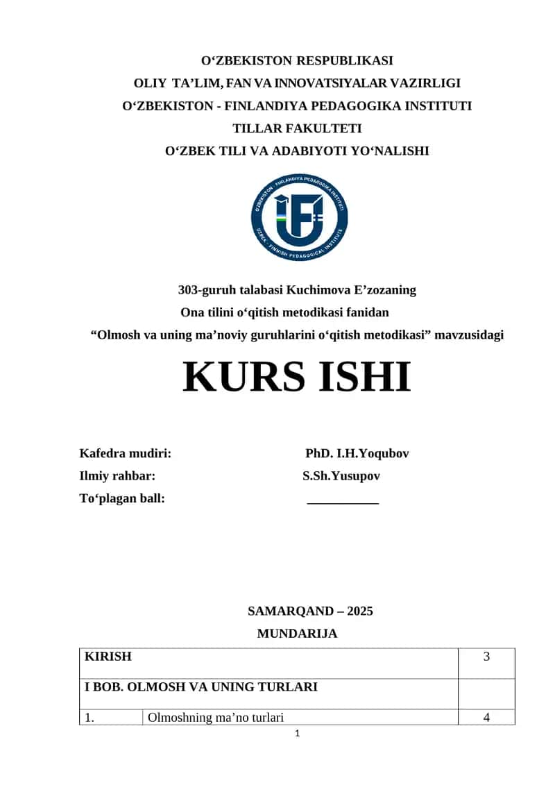 Olmosh va uning ma’noviy guruhlarini o‘qitish metodikasi