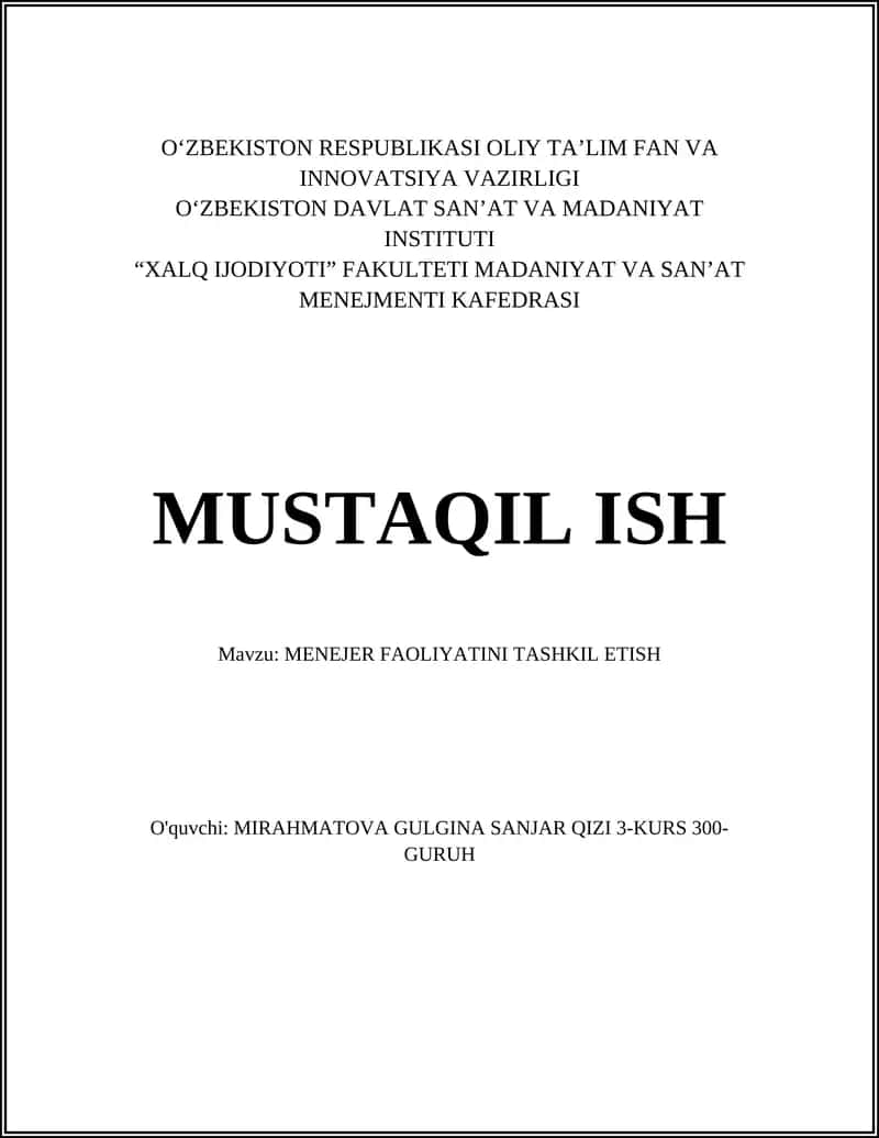 MENEJER FAOLIYATINI TASHKIL ETISH