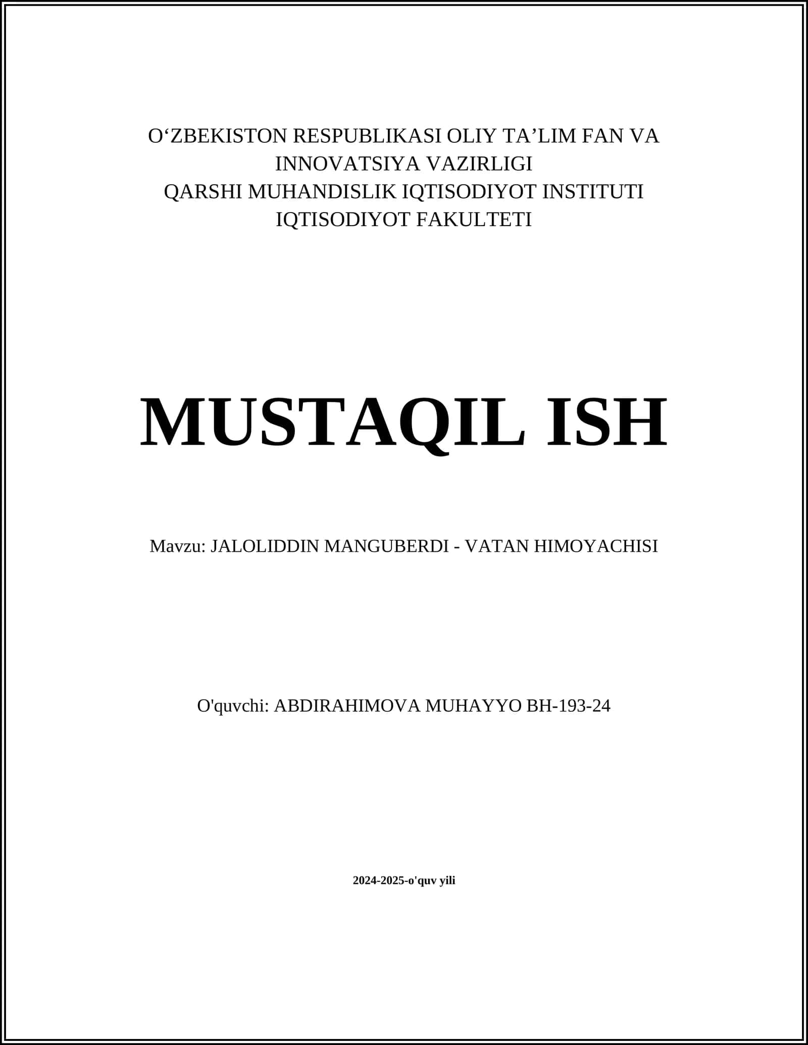 JALOLIDDIN MANGUBERDI - VATAN HIMOYACHISI
