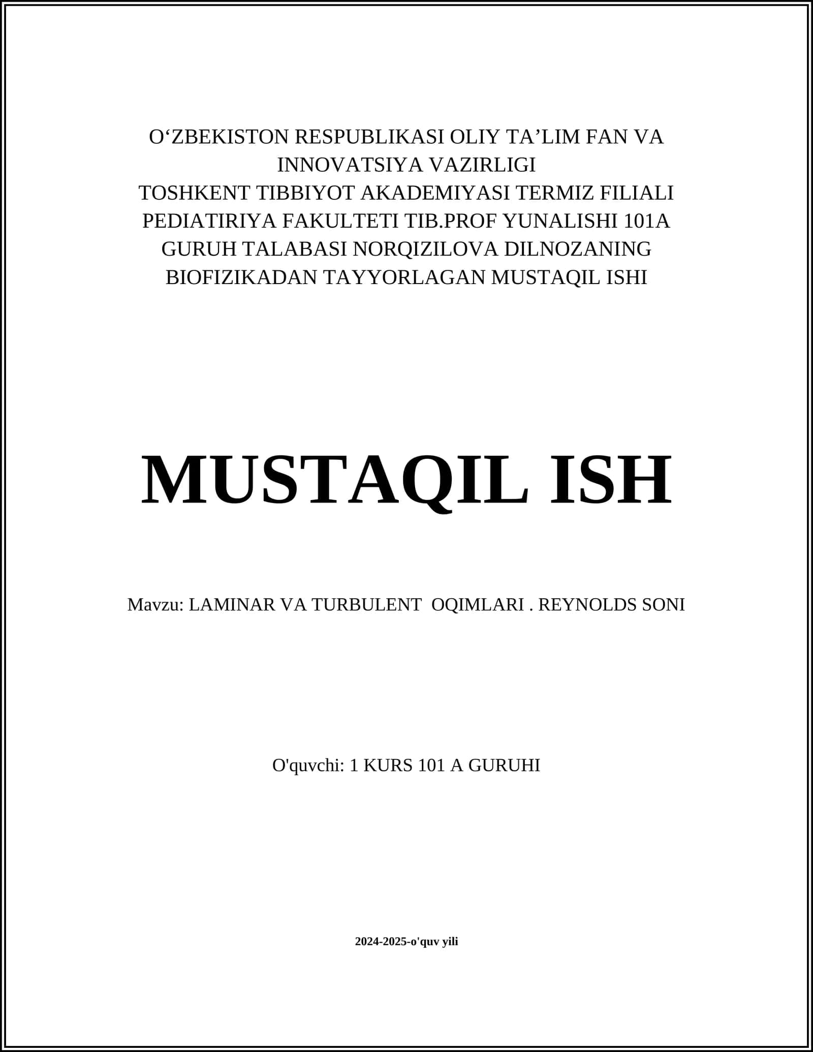 LAMINAR VA TURBULENT OQIMLARI. REYNOLDS SONI