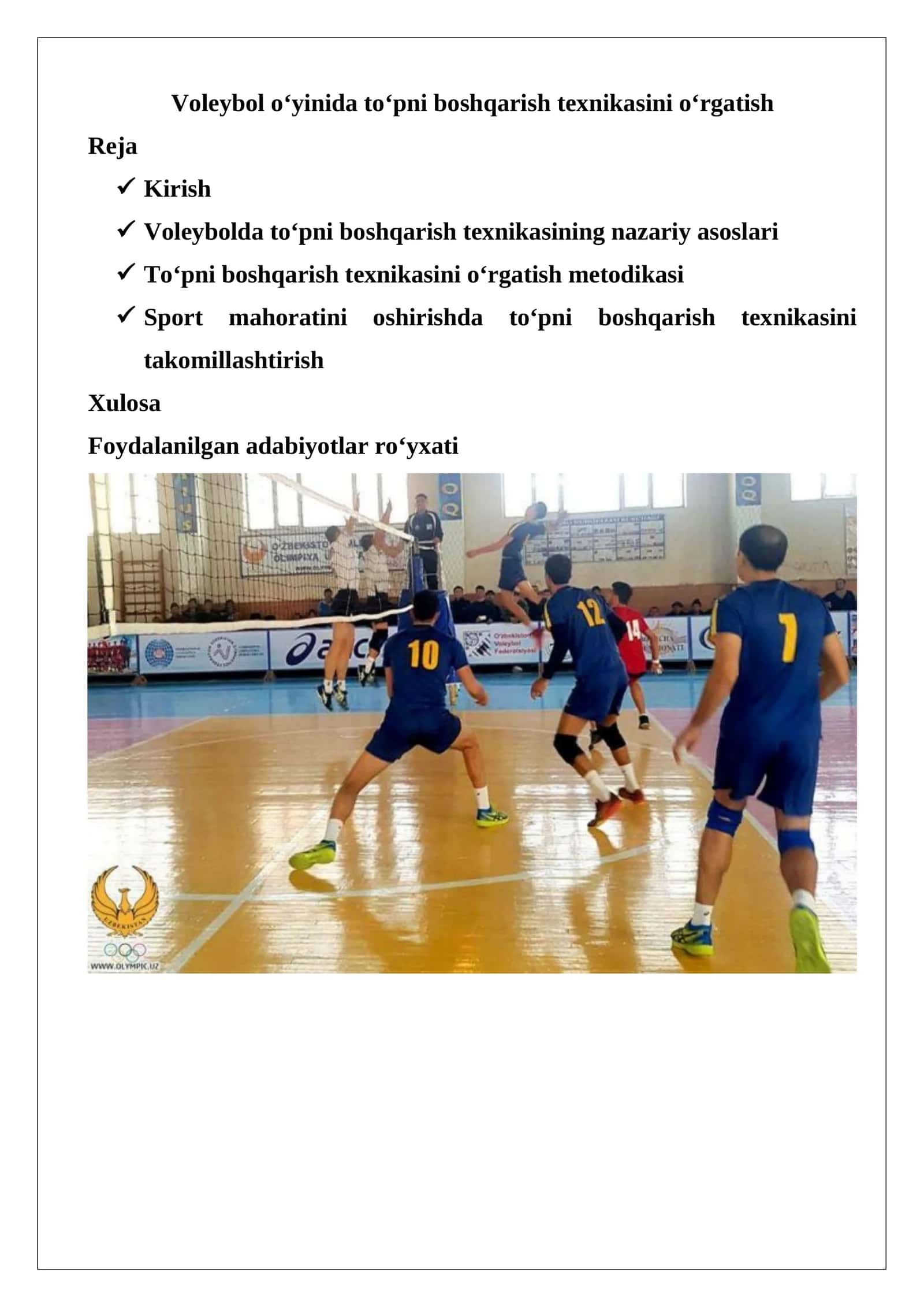 Voleybolda to‘pni boshqarish texnikasining o‘rgatilishi