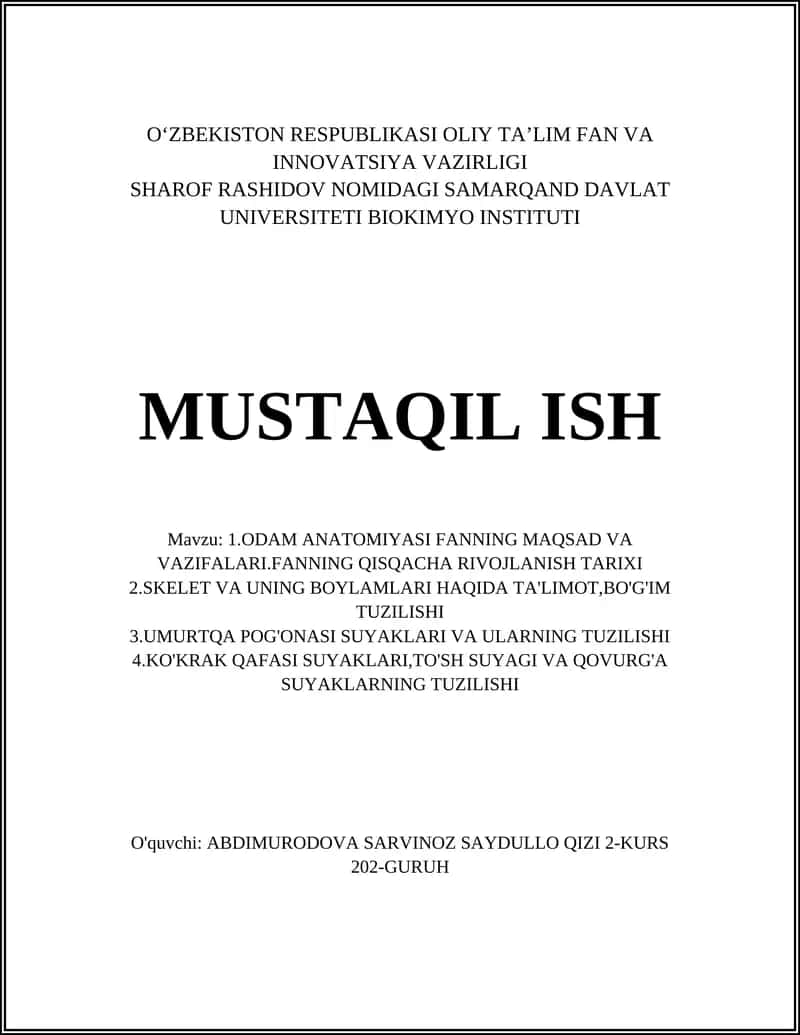 Odam anatomiyasi fanning maqsad va vazifalari
