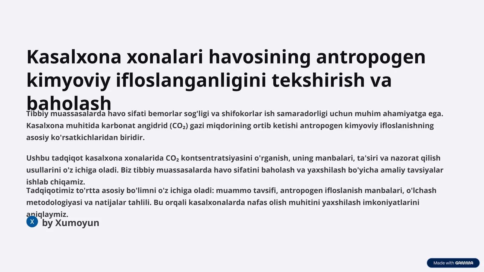 Kasalxona xonalari havosining antropogen kimyoviy ifloslanganligini tekshirish va baholash