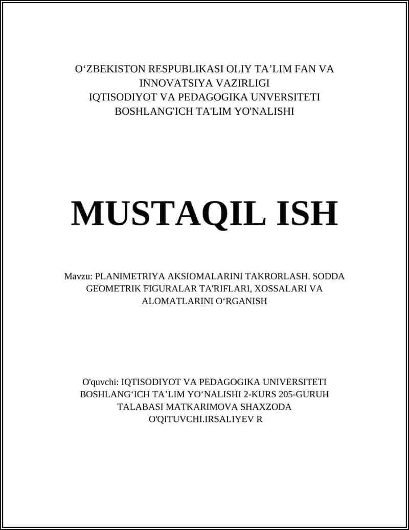 PLANIMETRIYA AKSIOMALARINI TAKRORLASH