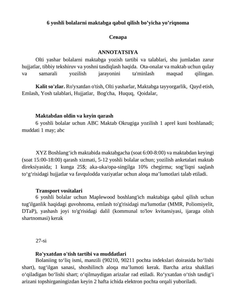 6 yoshli bolalarni maktabga qabul qilish bo’yicha yo’riqnoma