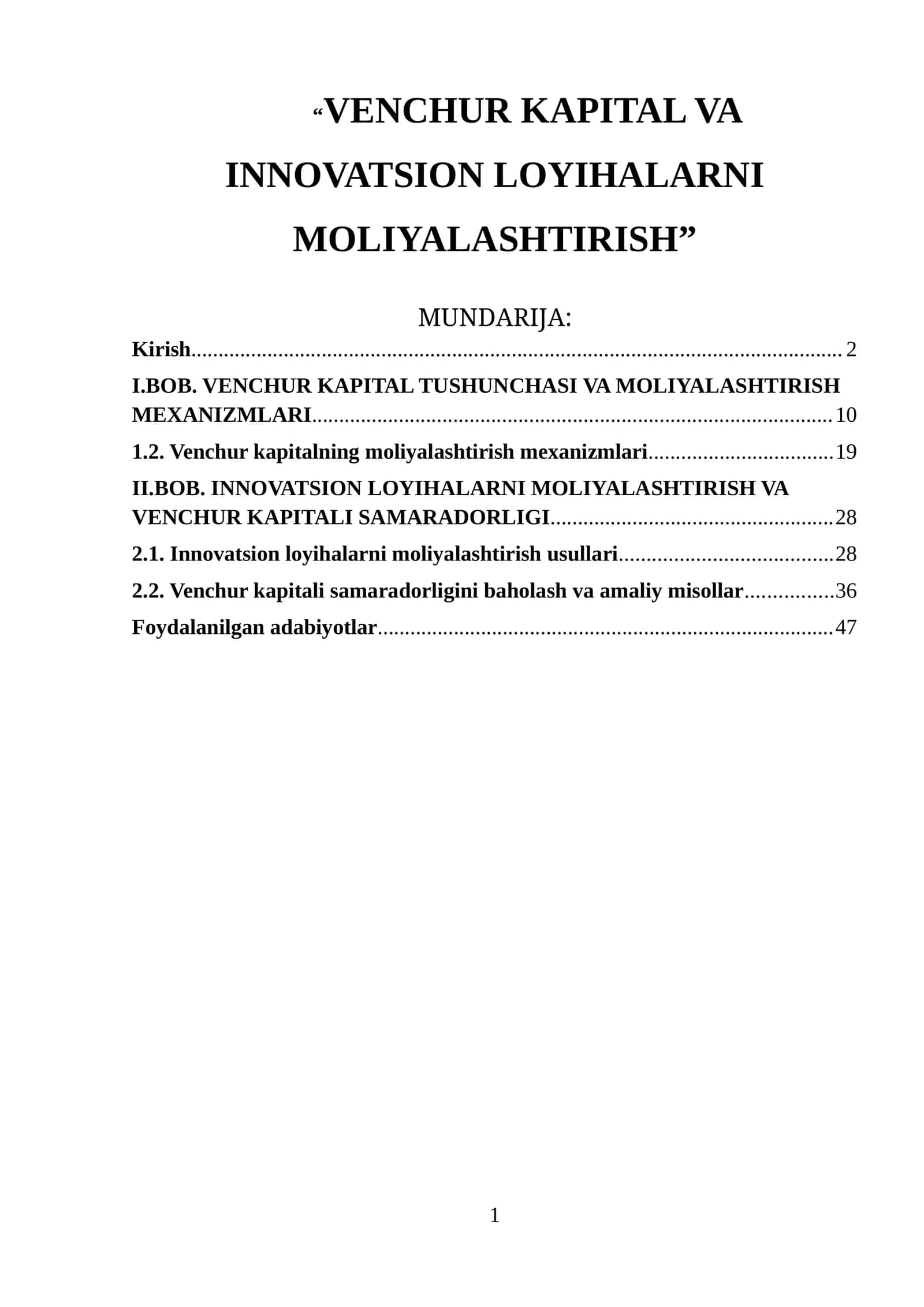 VENCHUR KAPITAL VA INNOVATSION LOYIHALARNI MOLIYALASHTIRISH