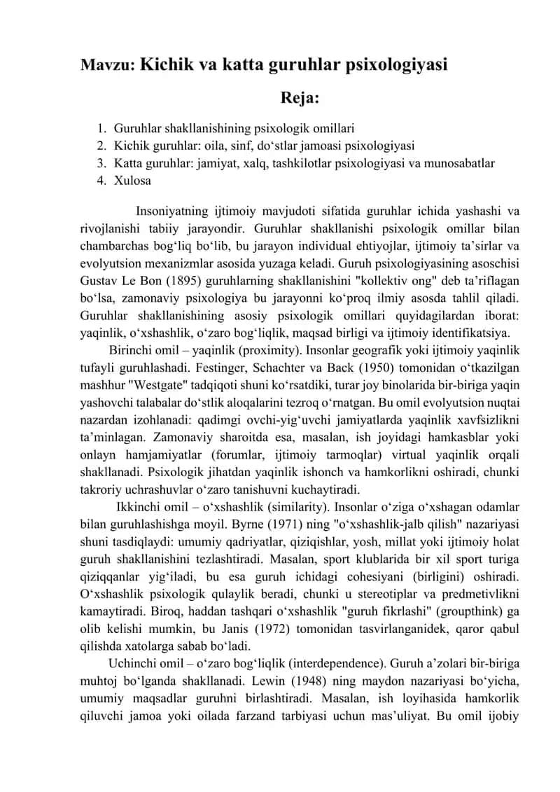 Kichik va katta guruhlar psixologiyasi