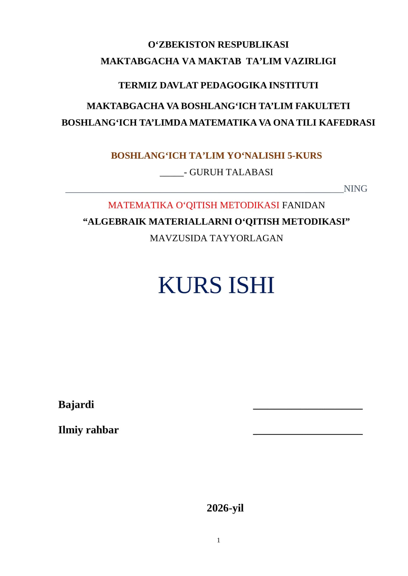 ALGEBRAIK MATERIALLARNI O‘QITISH METODIKASI