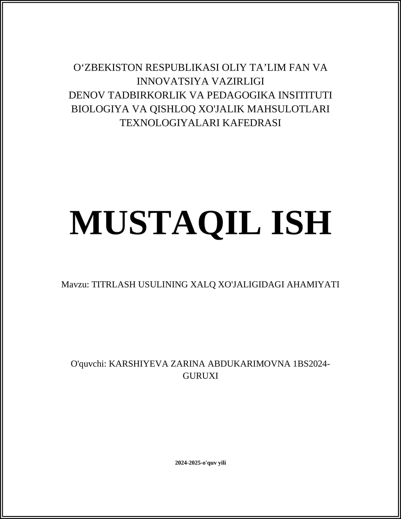 TITRLASH USULINING XALQ XO'JALIGIDAGI AHAMIYATI