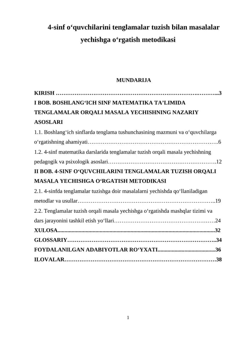 4-sinf o‘quvchilarini tenglamalar tuzish bilan masalalar yechishga o‘rgatish metodikasi