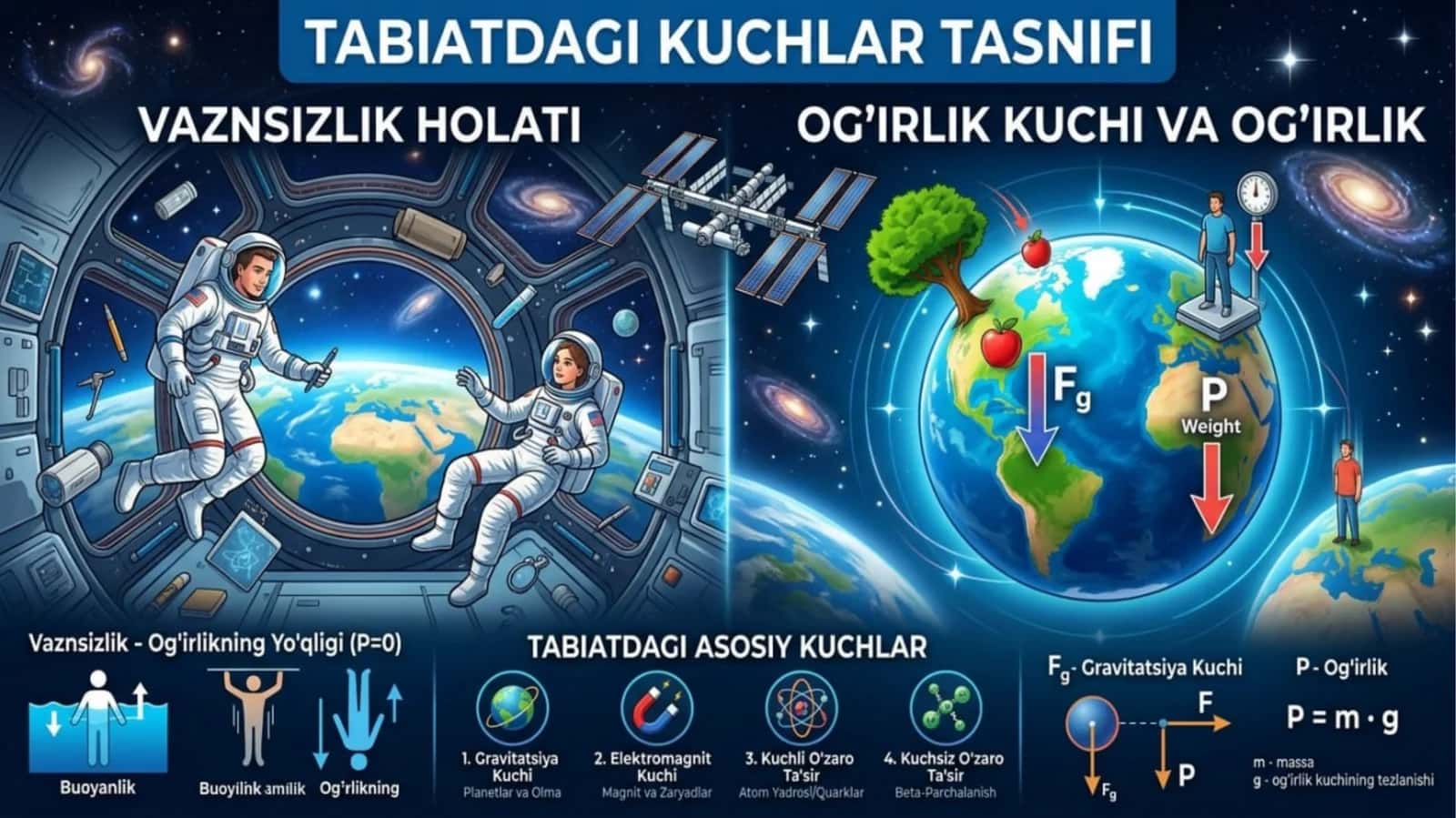 tabiatdagi kuchlar tasnifi. og'rlik kuchi va og'irlik. vazinsizlik holati